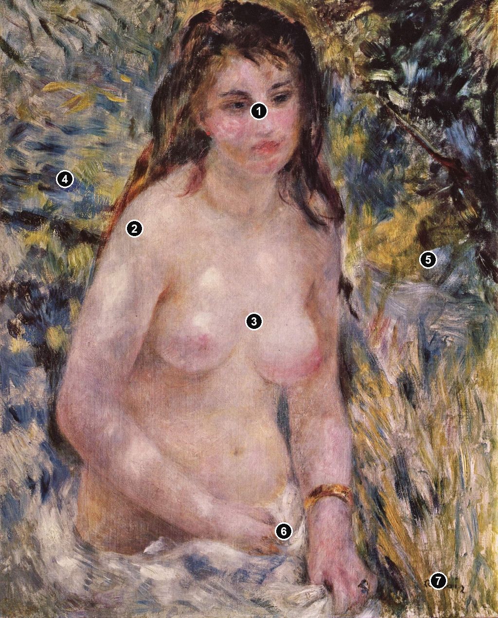 Annotated details from Nude in the Sun by Auguste Renoir